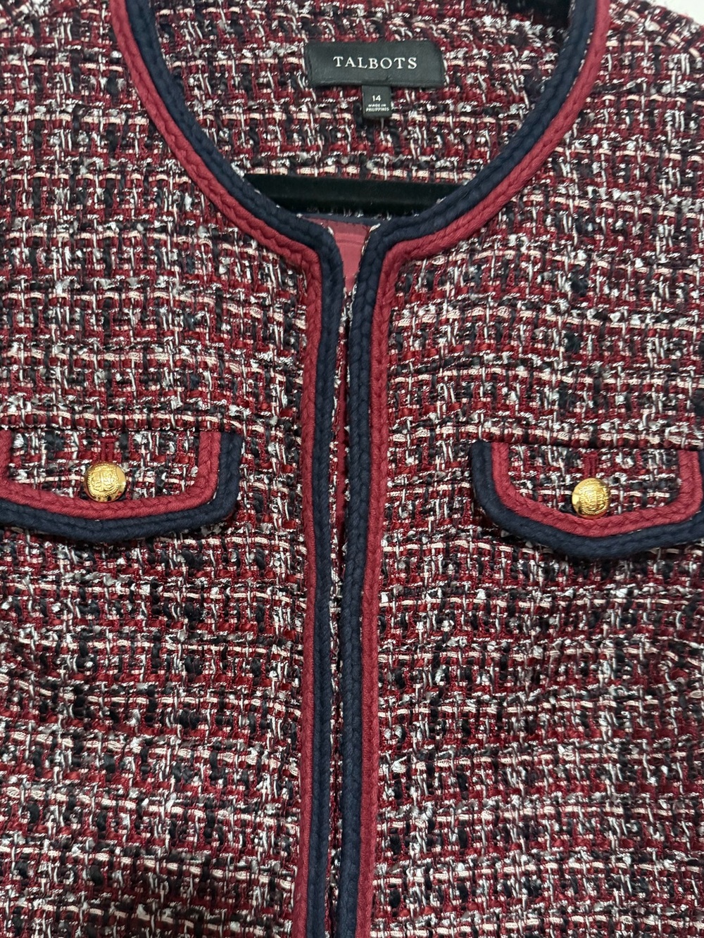 Talbots Burgundy/Navy Round Neck Tweed Blazer Jacket Size 14 Classic Office - Picture 3 of 11